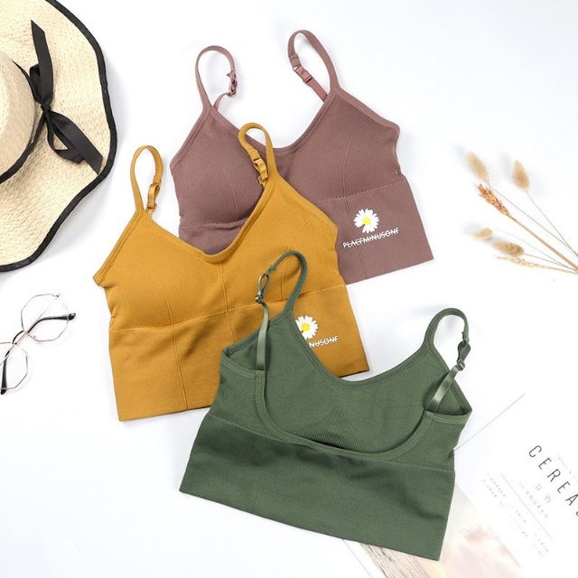 Áo bra tập gym yoga, áo bra 2 dây lưng U hoạ tiết hoa cúc có đệm ngực