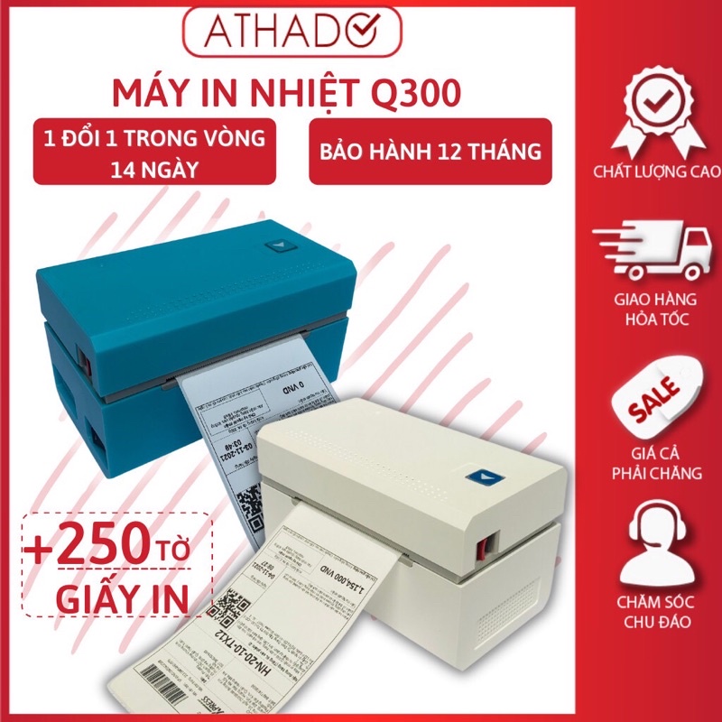 Máy in nhiệt Q300 in đơn hàng, tem mã vạch, hóa đơn, dùng giấy in nhiệt tự dính, BH 12th, tặng kèm 250 tờ giấy in 76*130