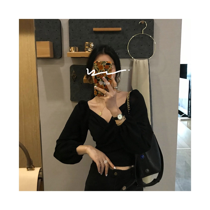 SUXI Áo sơ mi nữ cổ V tay phồng phong cách Hàn Quốc thời trang