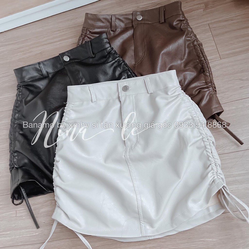 Chân váy da dây rút 2 bên chất da mềm màu đen nâu kem hottrend cá tính thời trang Banamo Fashion 5912 | BigBuy360 - bigbuy360.vn