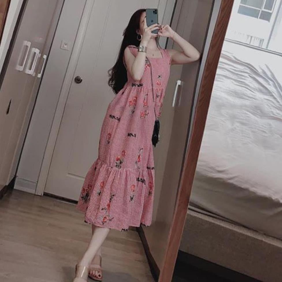 Đầm bầu thời trang thiết kế kẻ caro hoa nhí MB95 chất Đũi Hàn freesize từ 45 đến 70kg