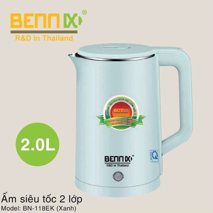 Ấm siêu tốc 2 lớp Bennix Thái Lan BN-118EK dung tích 2 lít (Xanh ngọc)