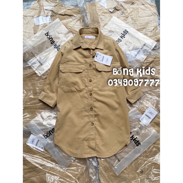 Áo Sơ Mi Bé Gái Dáng Dài Nhung Tăm Overshirt Nâu Be ZR