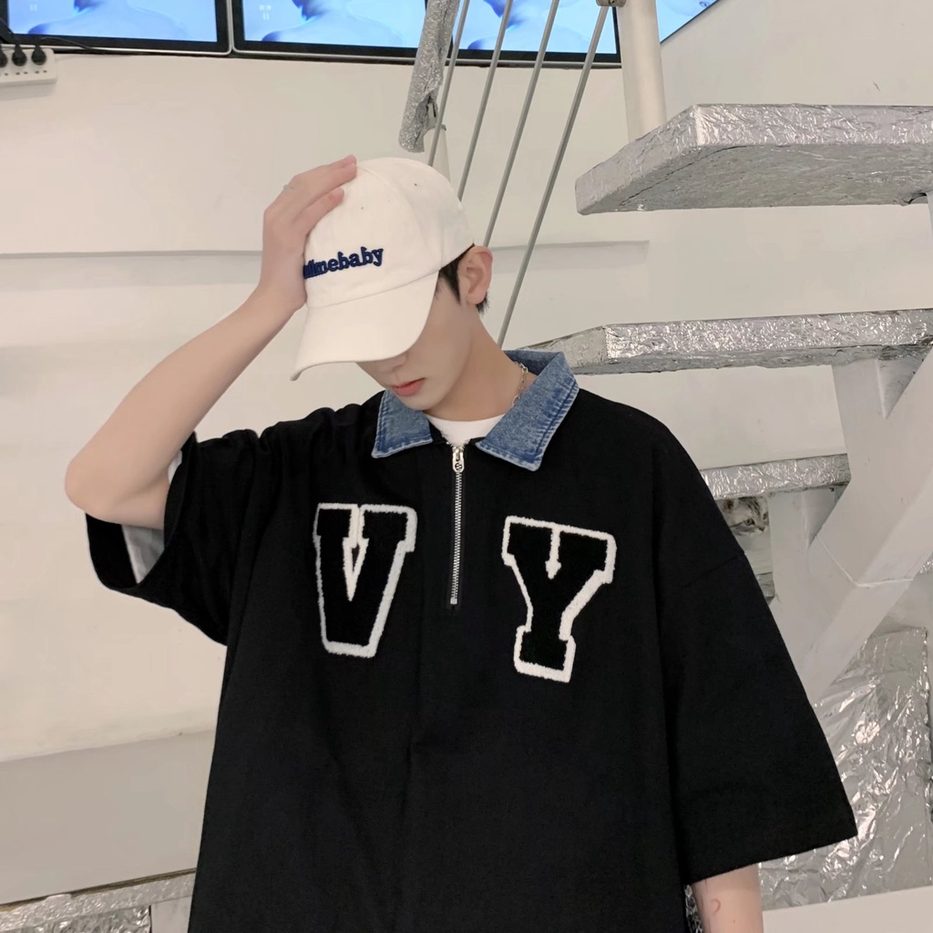 Áo Thun Tay Ngắn Cổ Polo Chất Liệu Denim Có Khóa Kéo In Chữ Phong Cách Hàn Quốc Cho Cặp Đôi