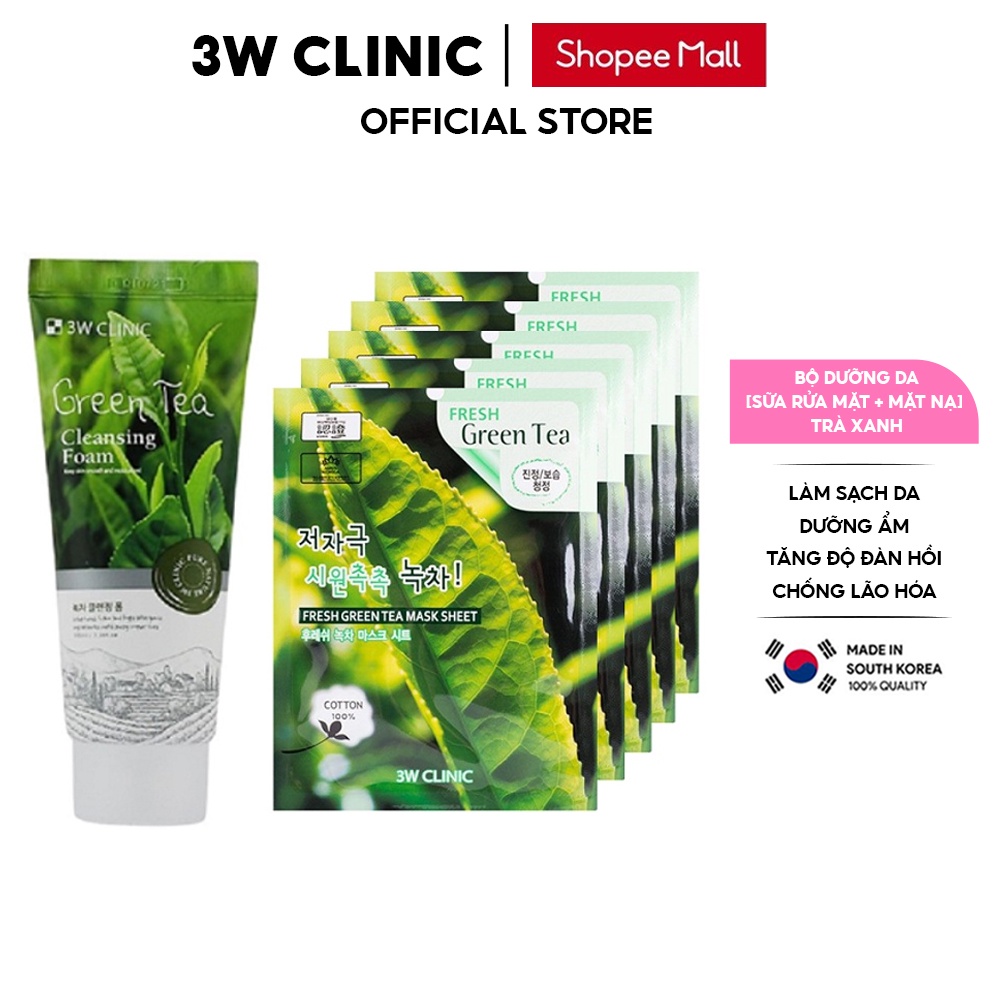 Bộ dưỡng da sữa rửa mặt &amp; mặt nạ chiết xuất từ lá Trà Xanh 3W Clinic Hàn Quốc sạch sâu trắng da &amp; ngừa mụn
