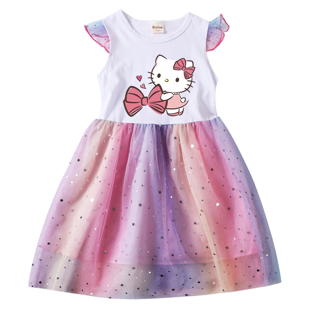 Mới Đầm Tay Ngắn Hình Hello Kitty Màu Cầu Vồng Cho Bé Gái
