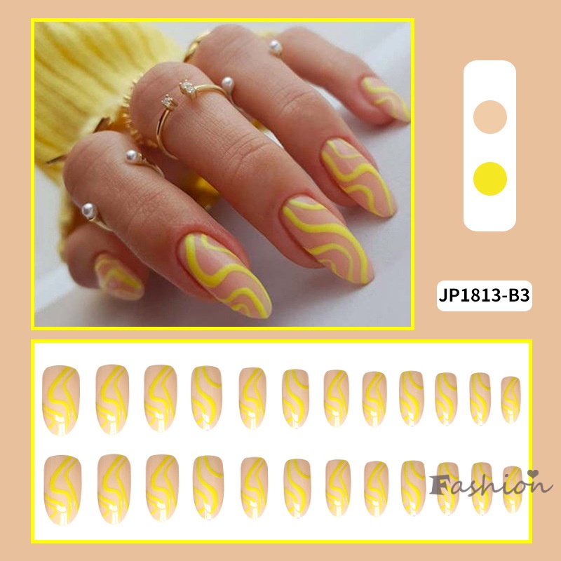 Bộ 24 Miếng Dán Móng Tay Đầu Tròn Màu Vàng Có Thể Tháo Rời