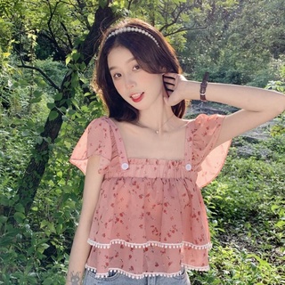 French gentle milk wear with a small blouse women's summer short square collar floral shirt unique and unique blouse