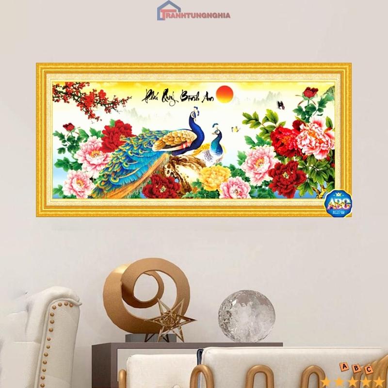 Tranh đính đá, tranh thêu chữ thập công phú quý bình an