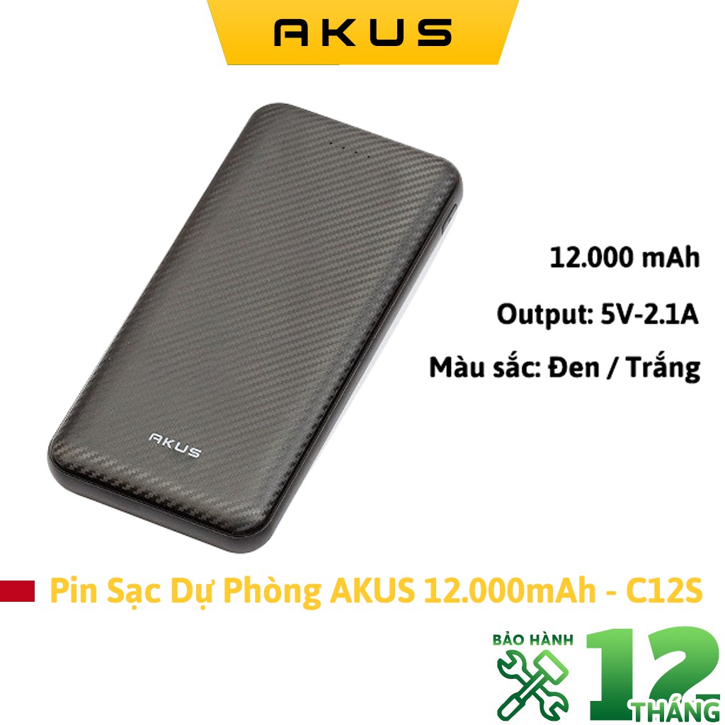 Sạc dự phòng 12000mAh - C12S Hàng chính hãng - Bảo hành 12 tháng - Akus