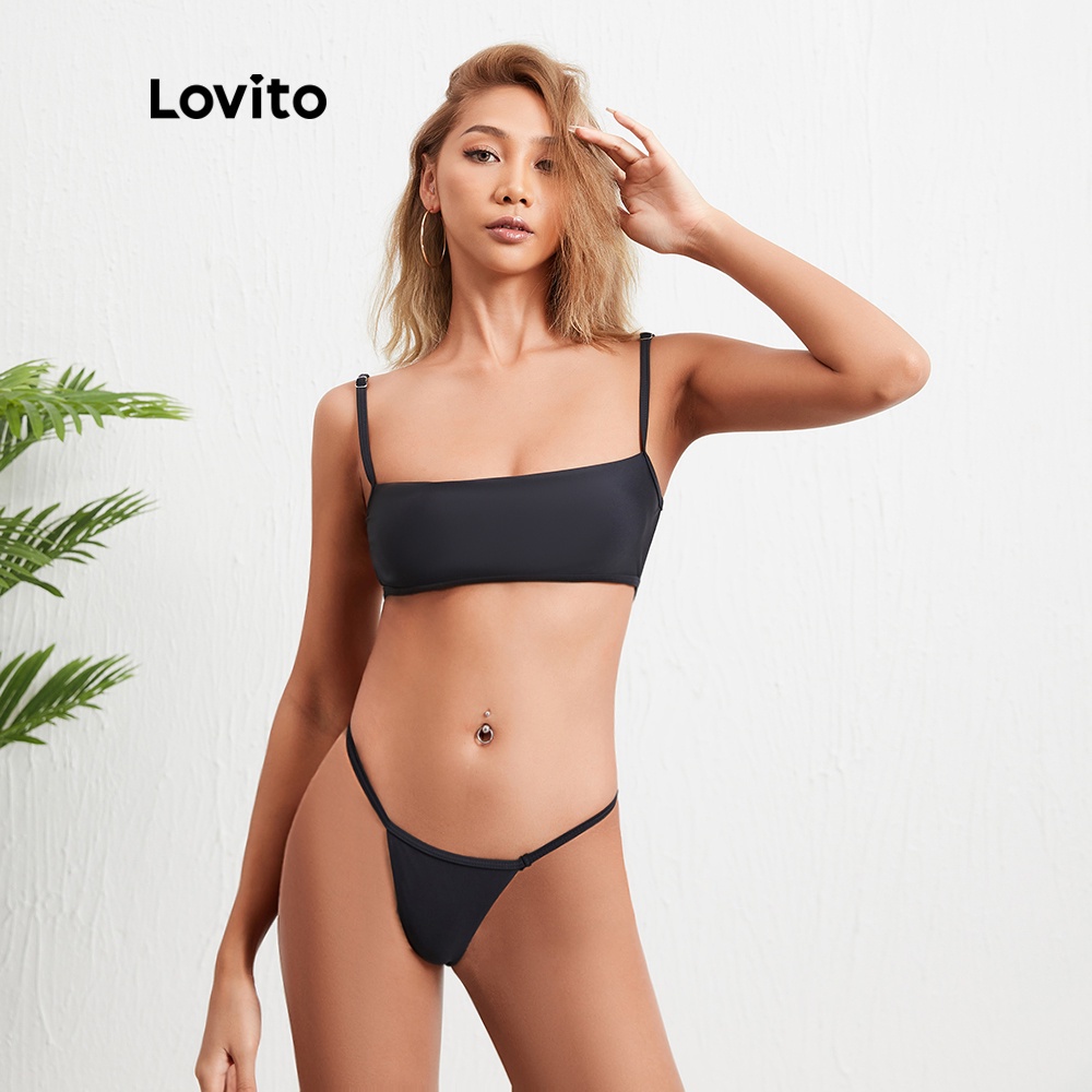Bộ bikini Lovito màu trơn đơn giản hở lưng L08083 (đen) | BigBuy360 - bigbuy360.vn