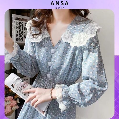 Váy hoa nhí vintage dáng dài phối ren cổ áo và tay áo