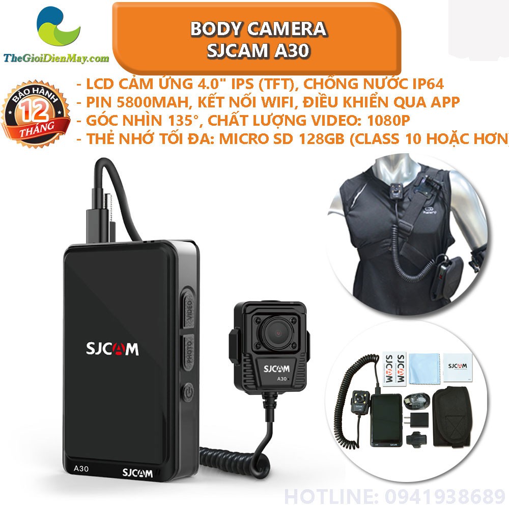 Body Camera SJCAM A30 wifi, pin 5800mah, LCD 4 inch, IP64, 4 đèn led - Bảo hành 12 tháng - Shop Thế Giới Điện Máy