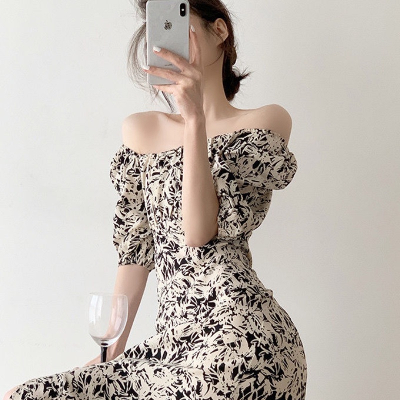 Đầm Trễ Vai Lưng Cao Họa Tiết Chấm Bi Thời Trang Mùa Hè Cho Nữ