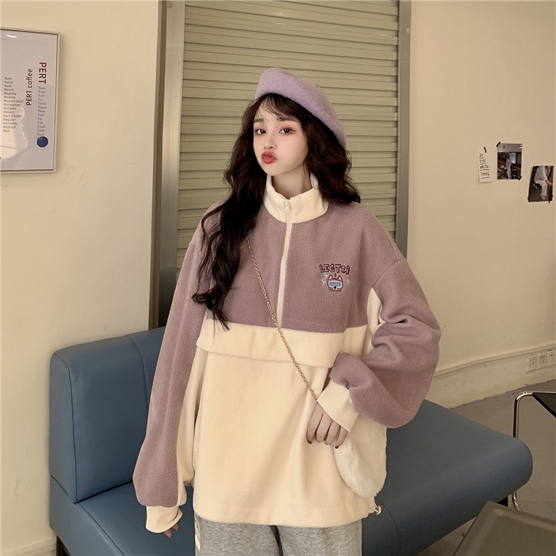 Áo sweater dáng rộng phối khóa kéo thiết kế cao cấp cho nữ