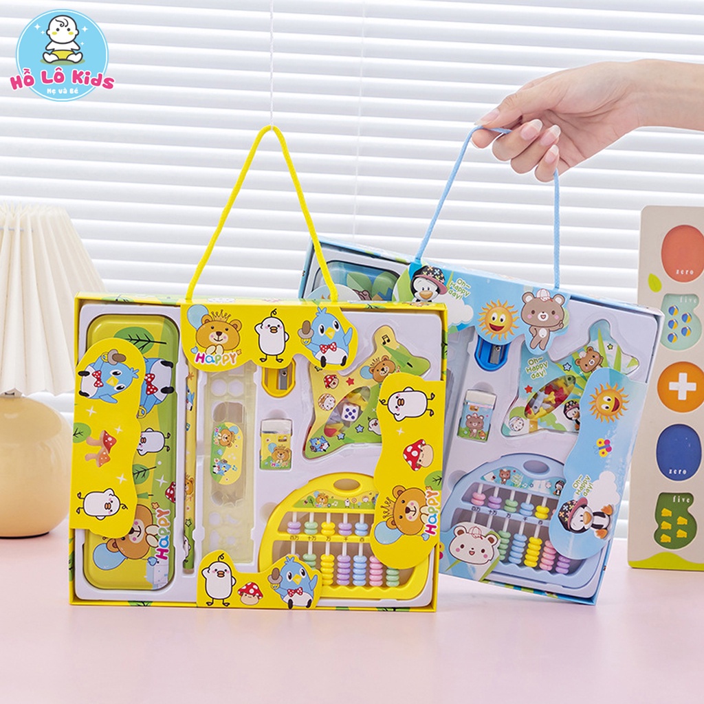 Bộ dụng cụ học tập 8 chi tiết hộp bút, bàn tính, thước kẻ, tẩy, bút chì dễ thương Hồ Lô Kids