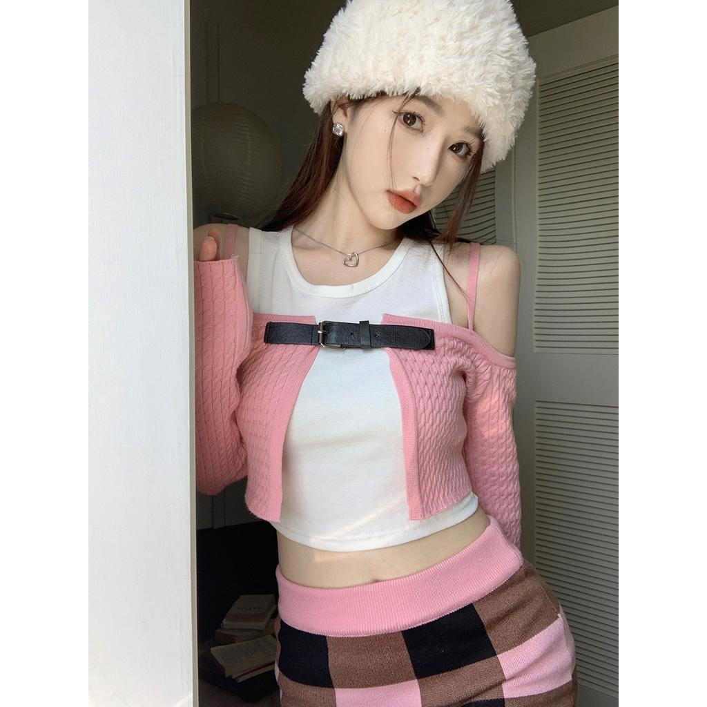 Chân Váy Ngắn Dệt Kim Trễ Vai Họa Tiết Sọc Ca Rô 60979