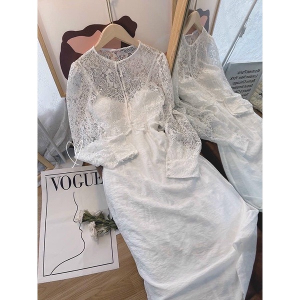 Đầm midi hoa trắng nơ cổ tay phồng,đầm nữ tiểu thư siêu sang xinh