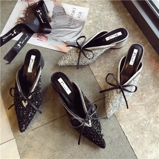 Giày mules đính đá mũi nhọn gót 4cm