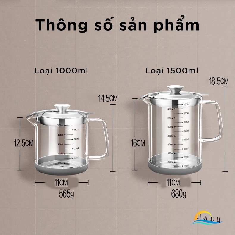 Bình nước thủy tinh chịu nhiệt có vòi cao cấp cường lực chống va đập chống xước đáy silicone kèm rây lọc siêu mịn HADU