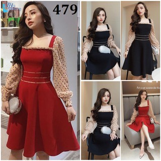 Đầm dự tiệc nữ cổ vuông tay dài chấm bi váy đầm dự tiệc công sở dạo phố TH479