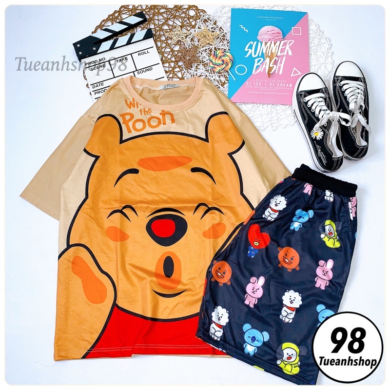 Set bộ Cartoon GẤU POON  phối quần đùi hoạt hình mặc nhà from rộng Unisex Freesize 38-70kg Nam nữ
