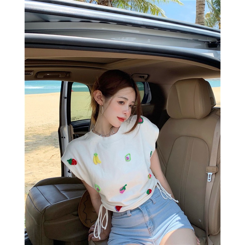 Áo Thun Dệt Kim Sát Nách Phối Dây Rút Thêu Họa Tiết Trái Cây Xinh Xắn