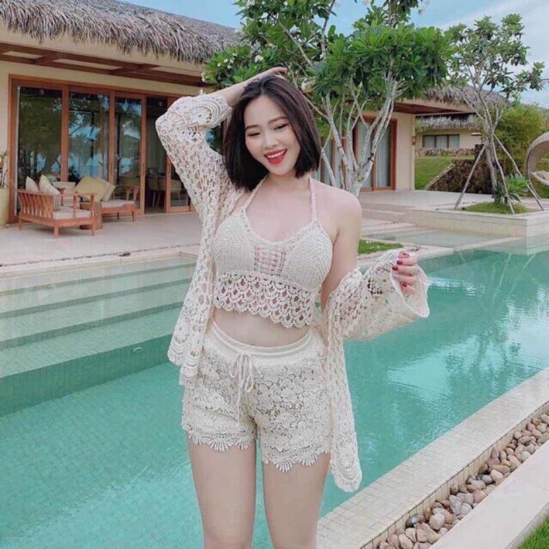 03-Set bikini ren đi biển 3 món-áo bra vây cá-quần sóc hoa đều-choàng dày