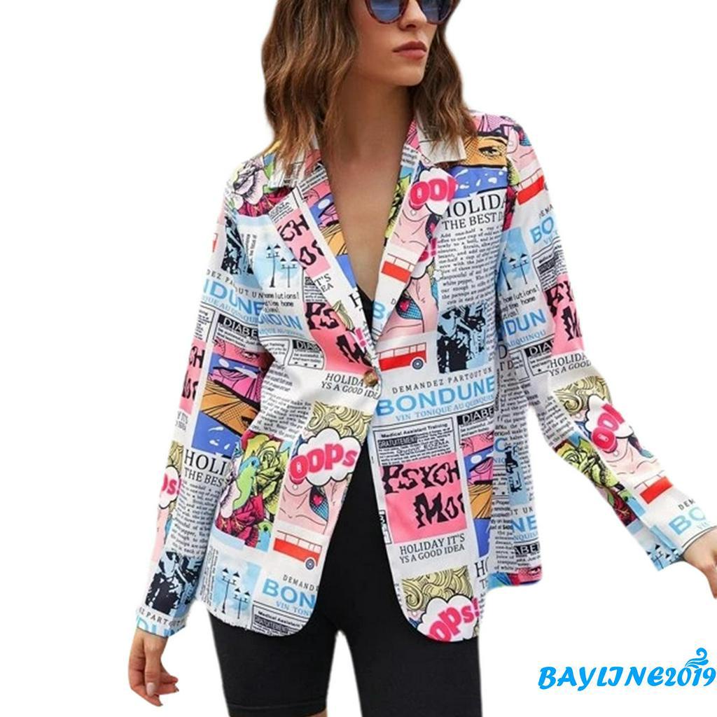 BAY-Women´s Long Sleeve Colorful Suit, Newspaper Print V Neck Defined Waist One Button Slim Coat