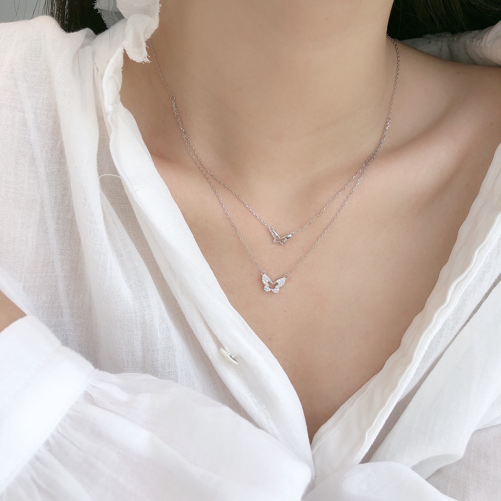 Dây Chuyền Hai Lớp Mặt Hình Bươm Bướm Dát Đá Zircon Thanh Lịch Sang Trọng Hợp Thời Trang Cho Nữ