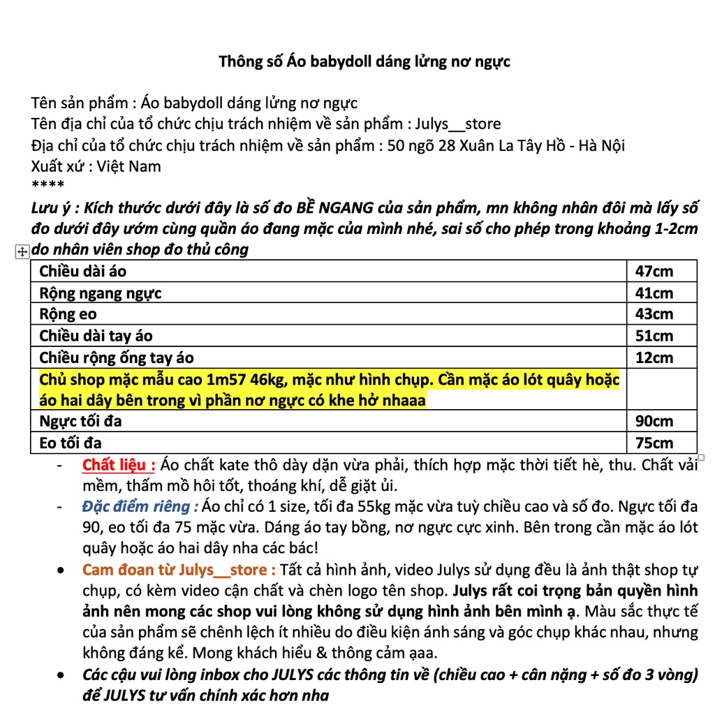 Áo babydoll dáng lửng nơ ngực Julys