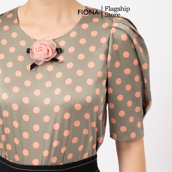 Áo sơ mi nữ vai bồng tay lỡ xếp ly FIONA, áo sơ mi họa tiết chấm bi dáng suông mã F551261