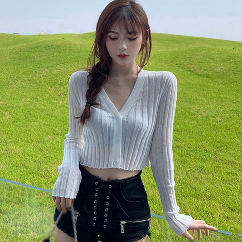 Áo Khoác Cardigan Áo Croptop Dệt Kim Tay Dài Cổ Chữ V Phối Nút Cho Phái Nữ Áo Nữ