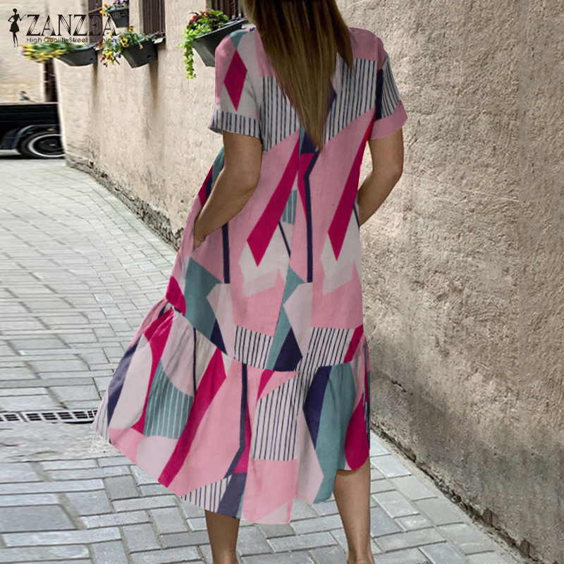 Đầm midi Zanzea tay ngắn in họa tiết hình học thời trang dành cho nữ
