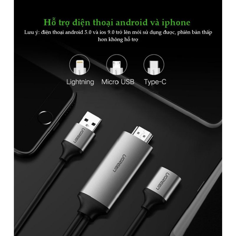 Cáp Chuyển Đổi USB, Micro, Lightning, Type-C Sang HDMI cao cấp UGREEN 50291 Dài 1.5m - Hàng chính hãng