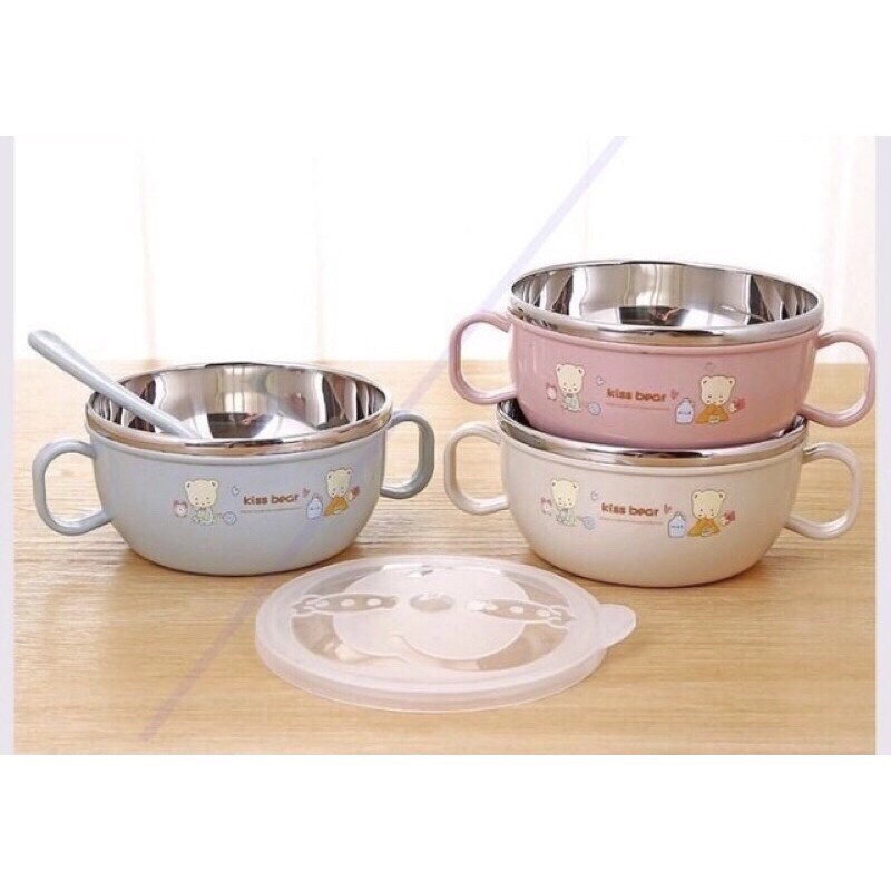 Bát ăn dặm inox 2 lớp cách nhiệt cho bé có tay cầm, nắp đậy kèm thìa