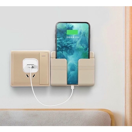 Kệ Dán Tường Để Remote, Đồ Dùng/ Giá Đỡ Sạc Điện Thoại - Có Móc Treo Giữ Dây Điện