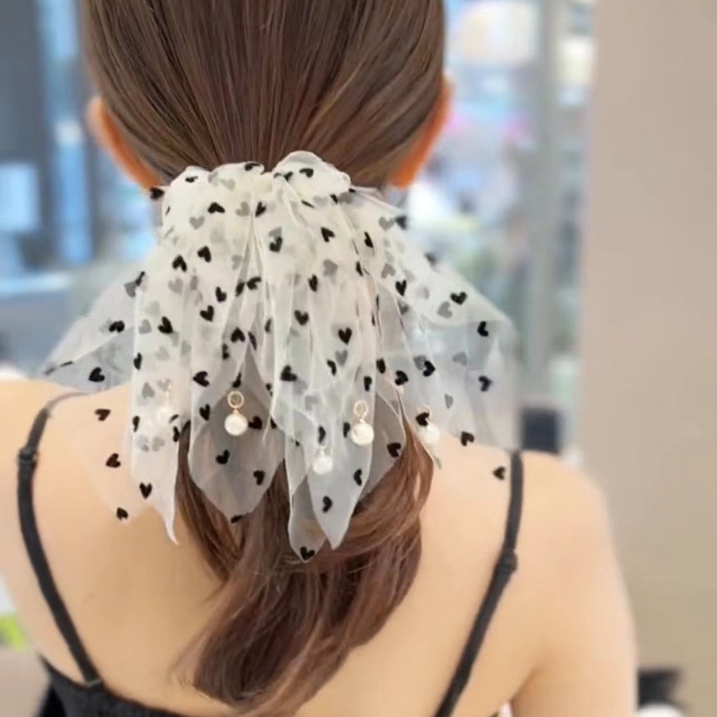 Dây Buộc Tóc Vải Lưới Phối Ren Thắt Nơ Họa Tiết Chấm Bi Cỡ Lớn Thời Trang Hàn Quốc
