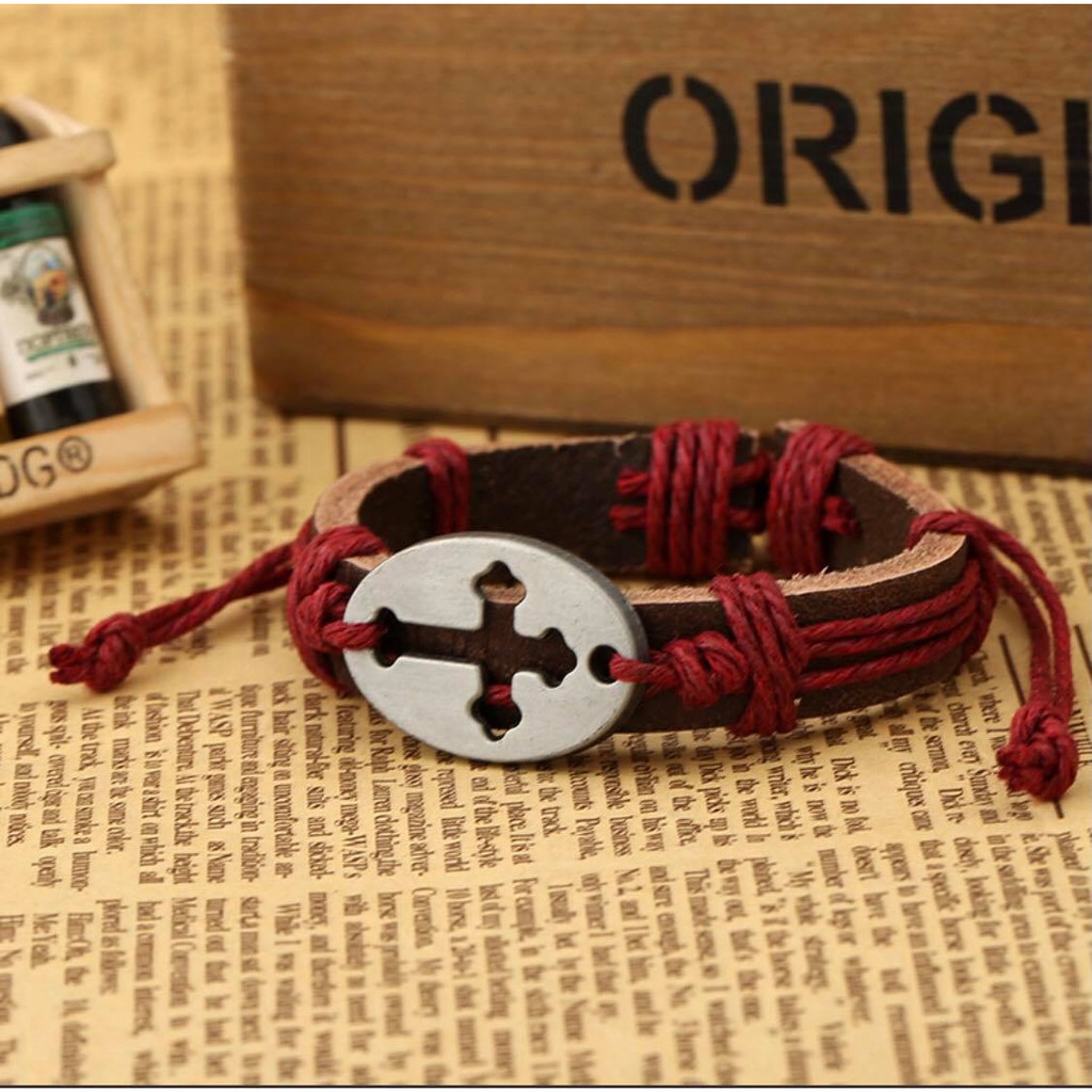 Vòng tay da kiểu dáng vintage hình chữ thập nhiều màu