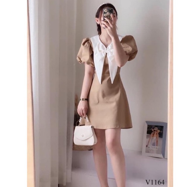 Đầm nude cổ nơ trắng | WebRaoVat - webraovat.net.vn