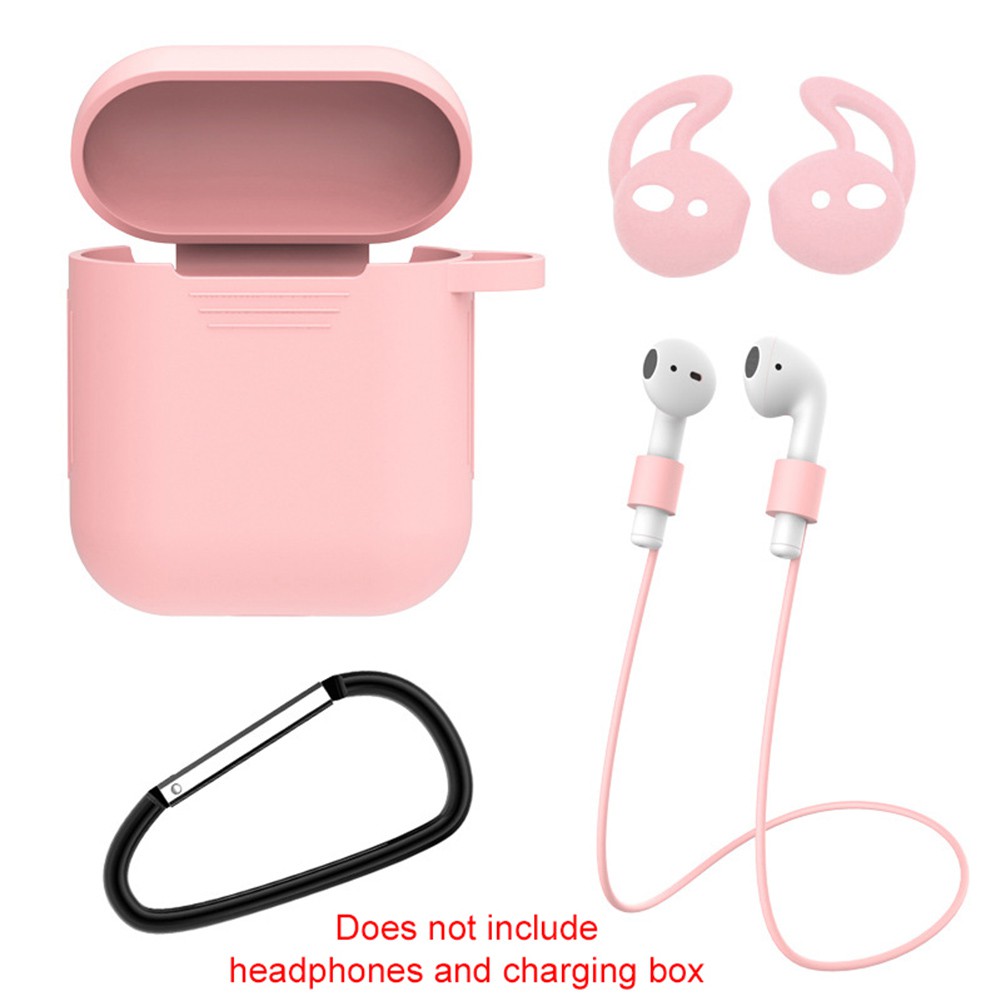 Bộ 4 món vỏ nhựa bọc hộp đựng tai nghe bluetooth+núm gắn tai+móc khóa+dây đeo chống mất cho Airpods