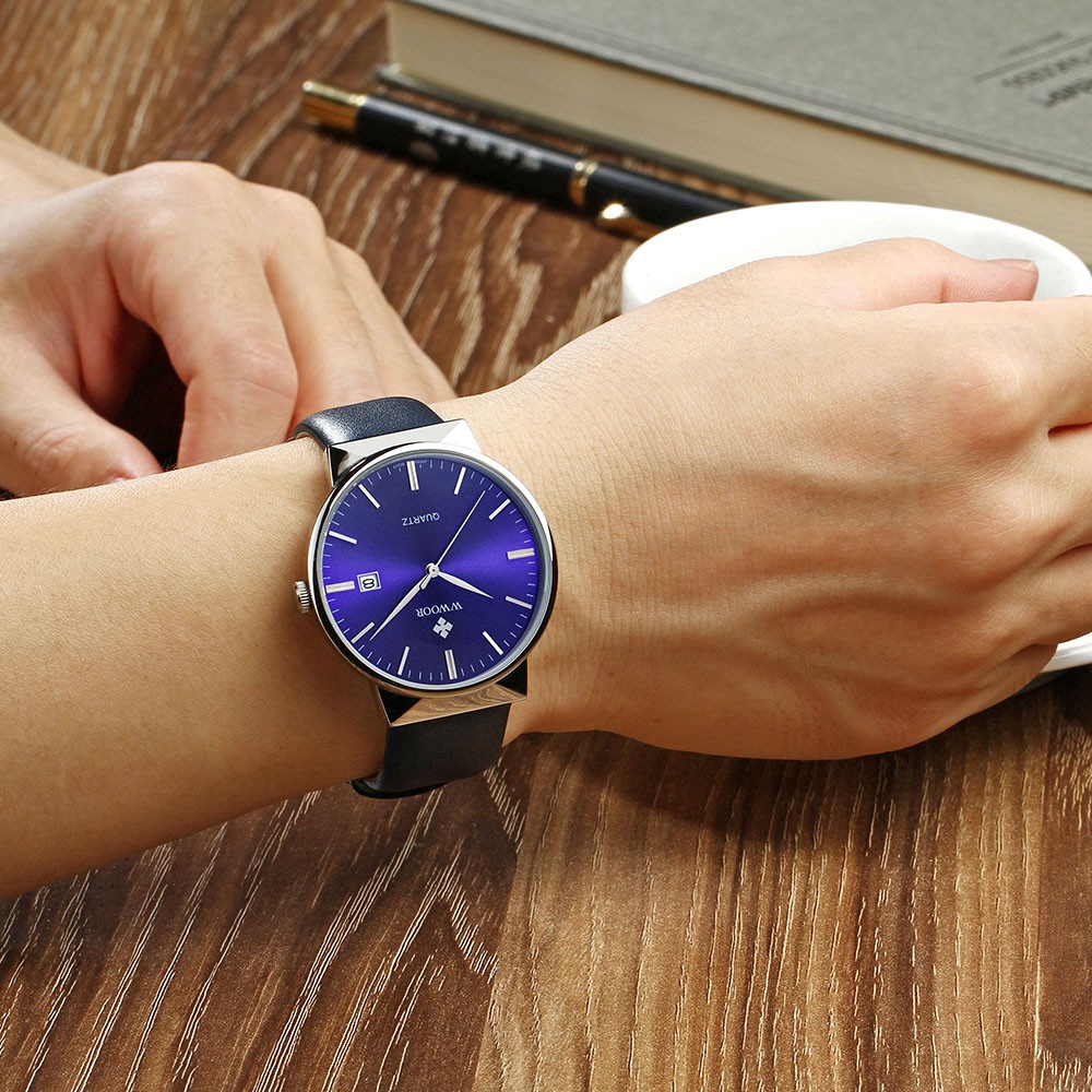 WWOOR men's leather watch waterproof wristwatch simple quartz watches 8026P