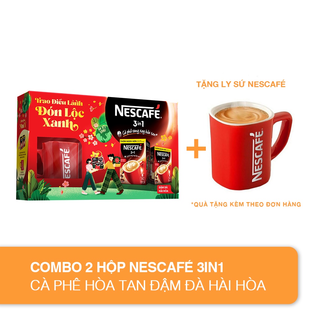 HỘP QUÀ NHƯ Ý: Combo 2 hộp cà phê hòa tan Nescafé 3in1 đậm đà hài hòa + Ly sứ Nescafé