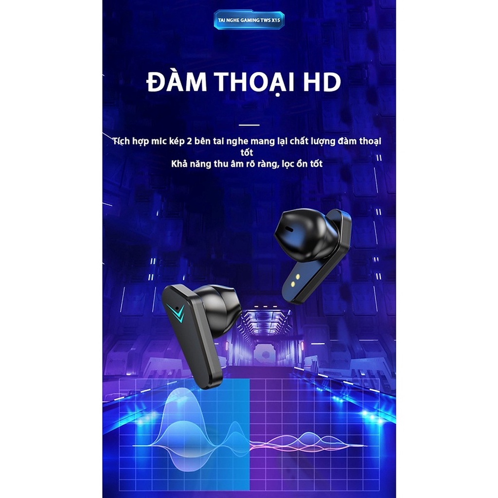 Tai nghe không dây gaming X15 TWS công nghệ Bluetooth 5.0 cảm biến chạm, không có độ trễ, thiết kế thể thao