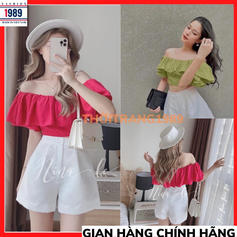Set Áo croptop trễ vai mix quần đùi bộ áo trễ vai tay bồng kèm quần sooc đùi 2 màu trắng xanh bơ siêu xinh chất đũi 🍀