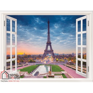 Tranh dán tường 3D cửa sổ hình tháp Eiffel