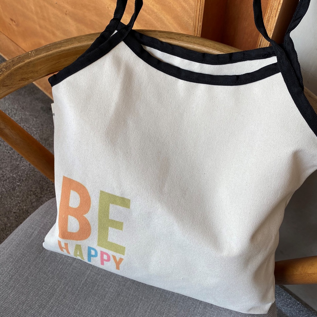 Túi tote BEKIND/BE HAPPY vải canvas mộc màu kem viền đen Tadi house vintage style