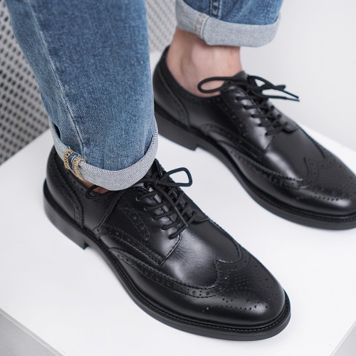 Giày tây công sở nam Derby BROGUE màu đen, giày văn phòng da bò thật TONKIN