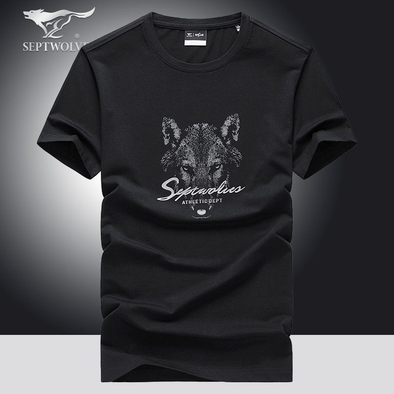 ◎♗☄Septwolves T-shirt ngắn tay mùa hè mới cổ tròn thương hiệu thời trang đáy quần áo thun lụa băng trắng nam rộng