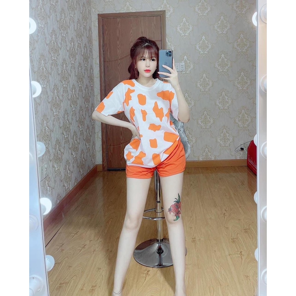 Bộ ngủ nữ thun cotton màu cam áo trắng, bộ ngủ nhà, bộ thun có tay cổ tròn T-FASHION 24H BN04